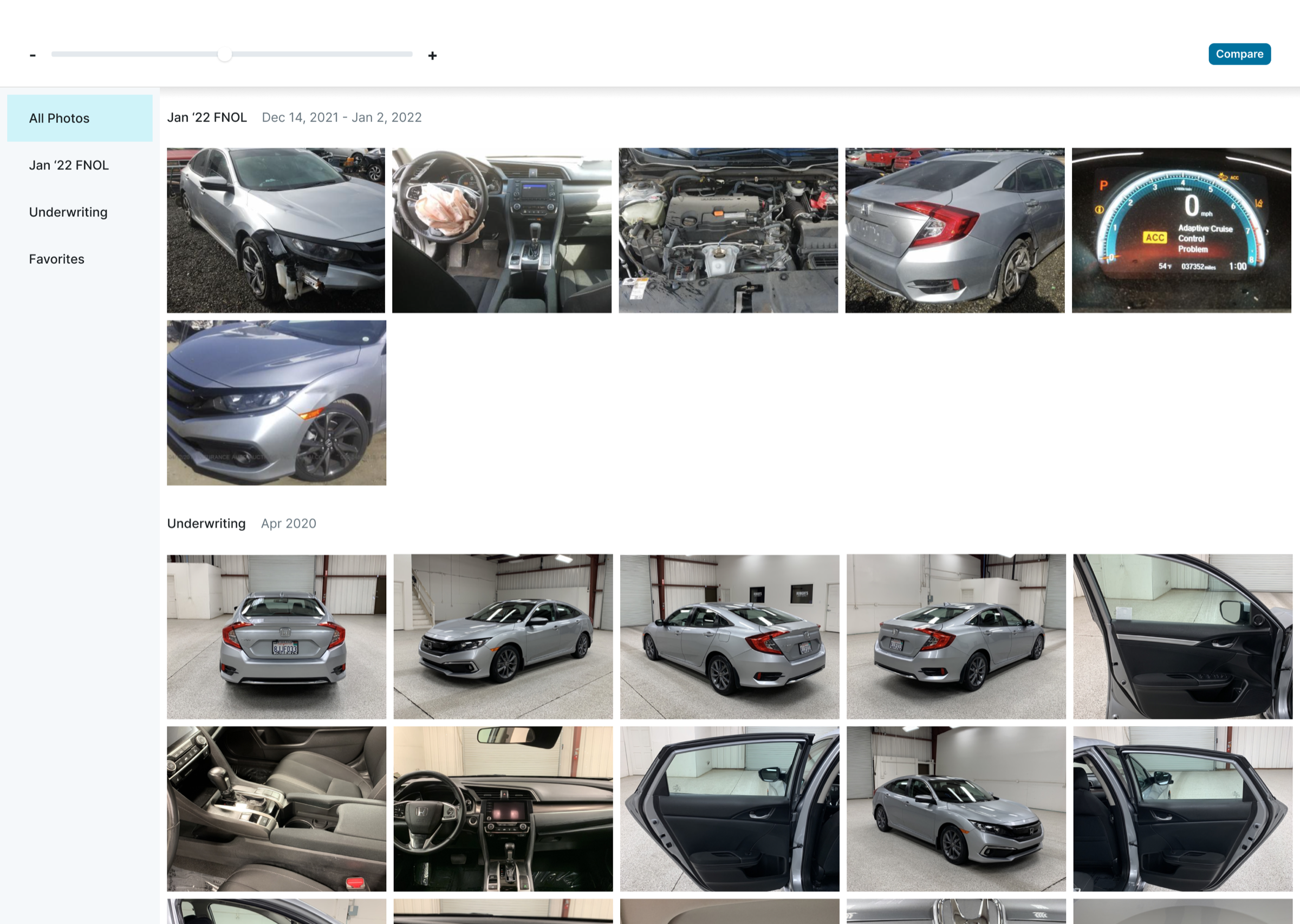 The v1 MVP design showing the simplified sidebar with only FNOL and underwriting photo groups.